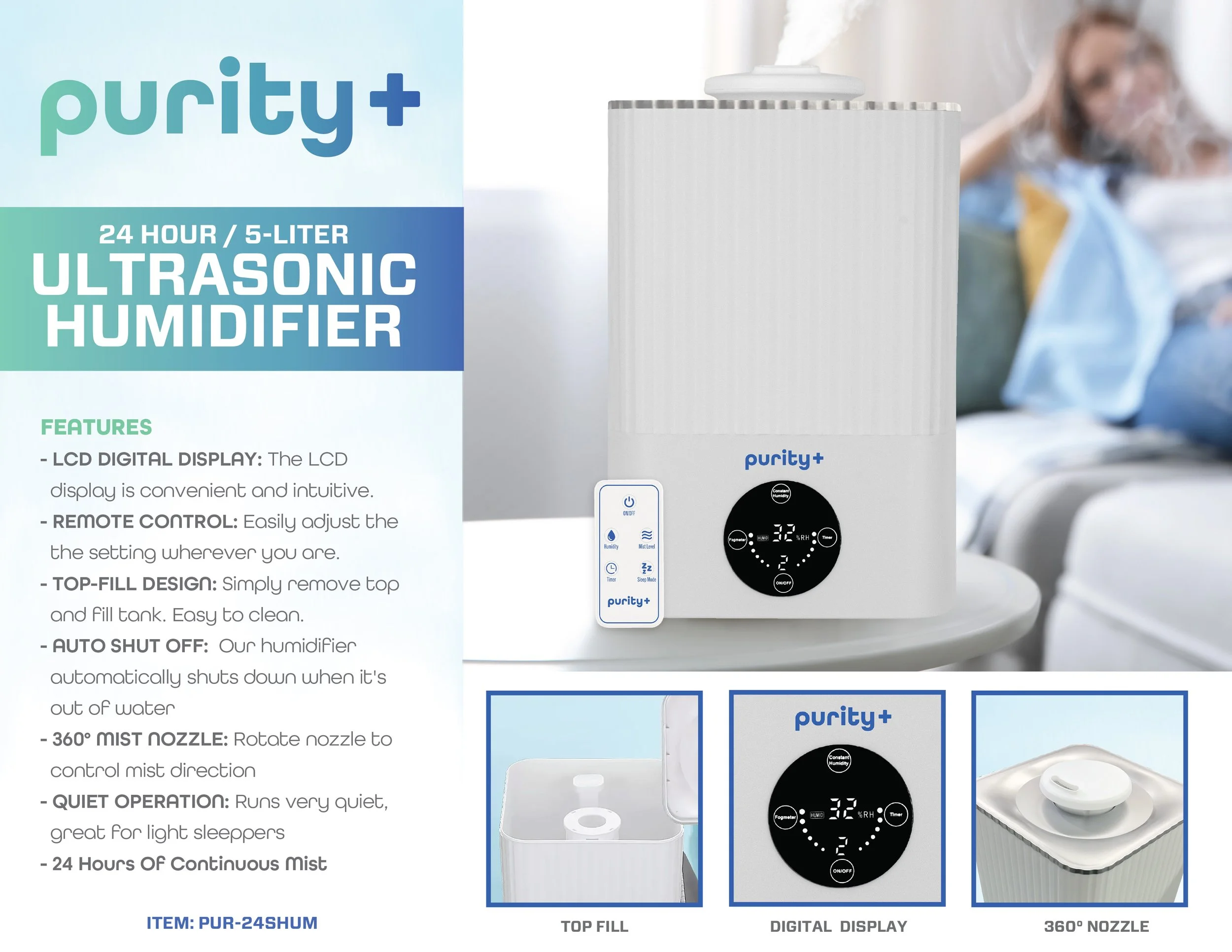 5-Liter Smart Ultrasonic Humidifier with Remote — Purity +